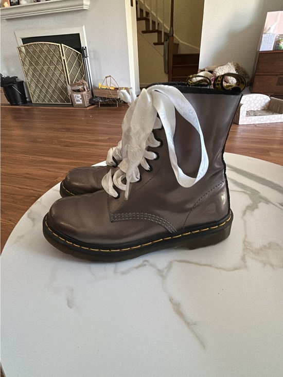 Dr. Martens Shoes - Dr. Martens metallic Gray Leather Combat Boots with White Laces